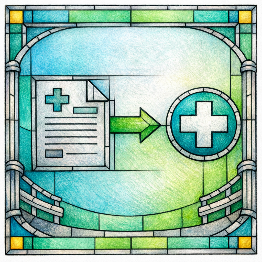 A stained-glass clinical page icon includes cautious guardrails and a referral arrow to seek care.