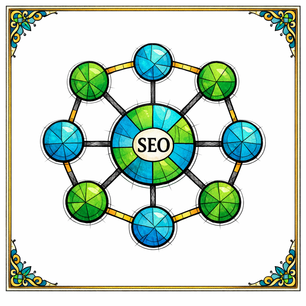 A stained-glass hub-and-spoke map shows hubs for integrations and use cases linking to many pages.