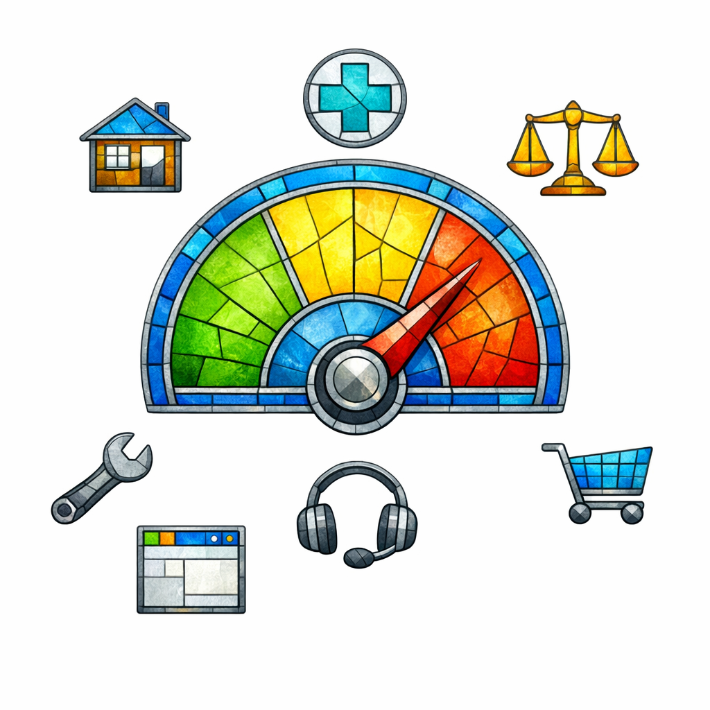 A stained-glass dial shifts from low to high risk, showing stricter QA for sensitive industries.
