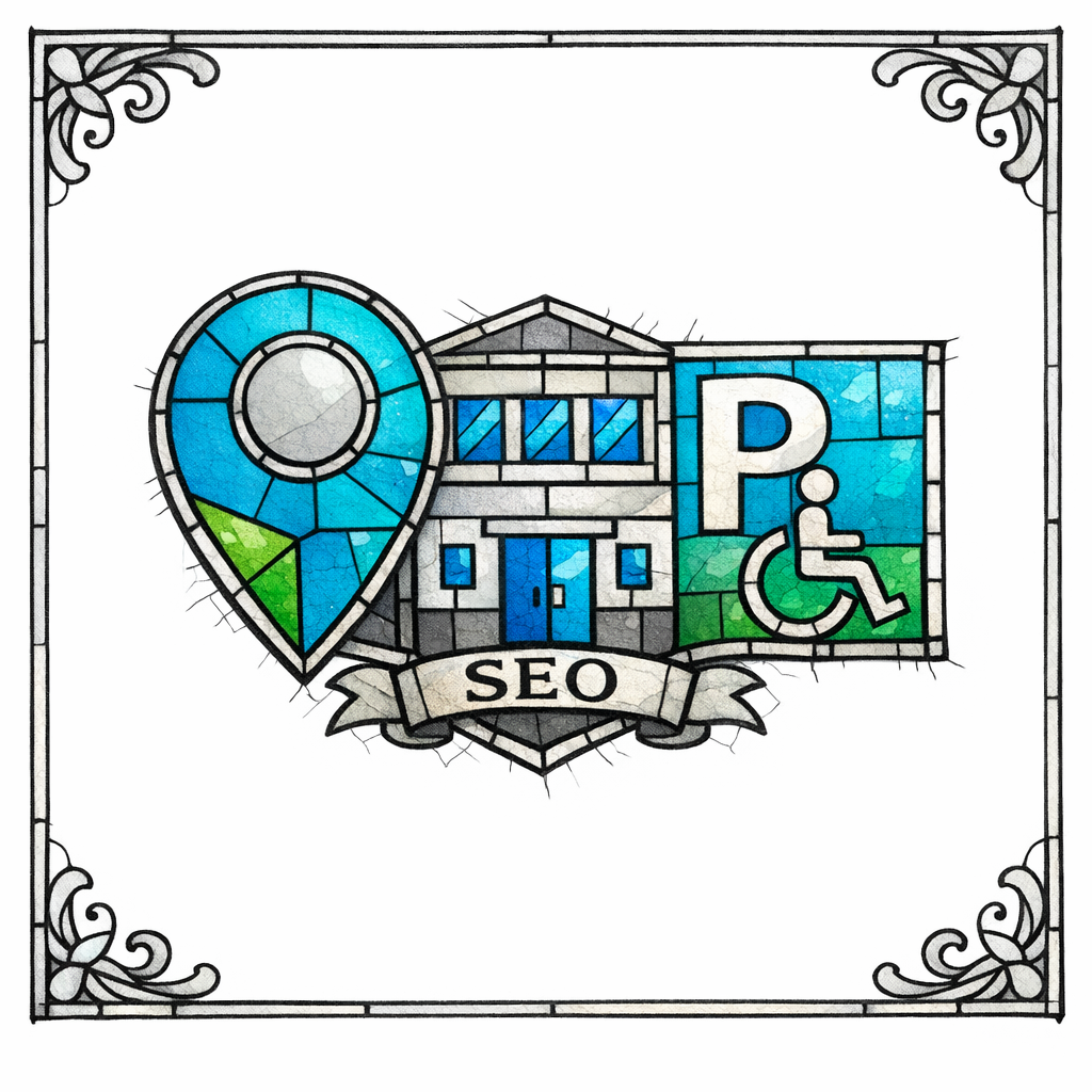 A stained glass map pin, office building, and parking icon show honest local presence without fake addresses.