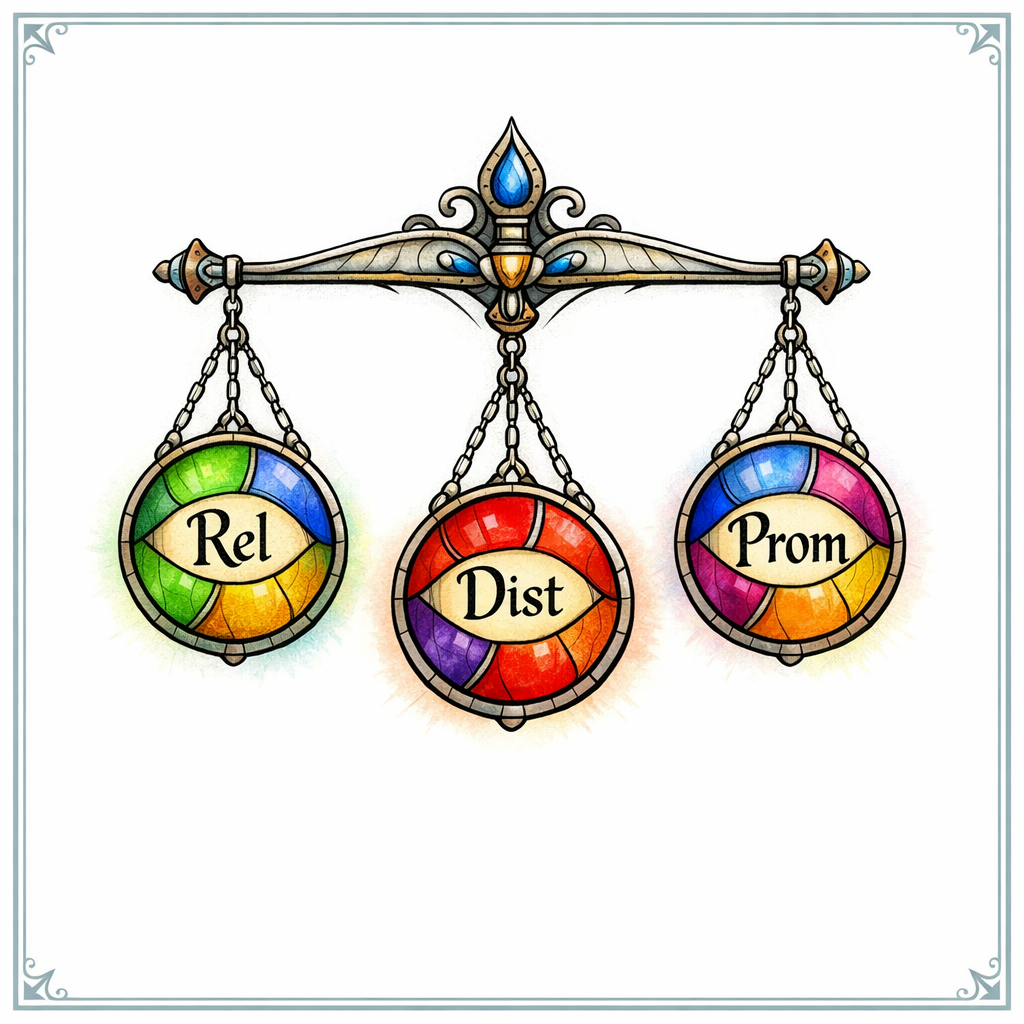 A stained-glass scale balances three factors: relevance, distance, and prominence for local ranking.