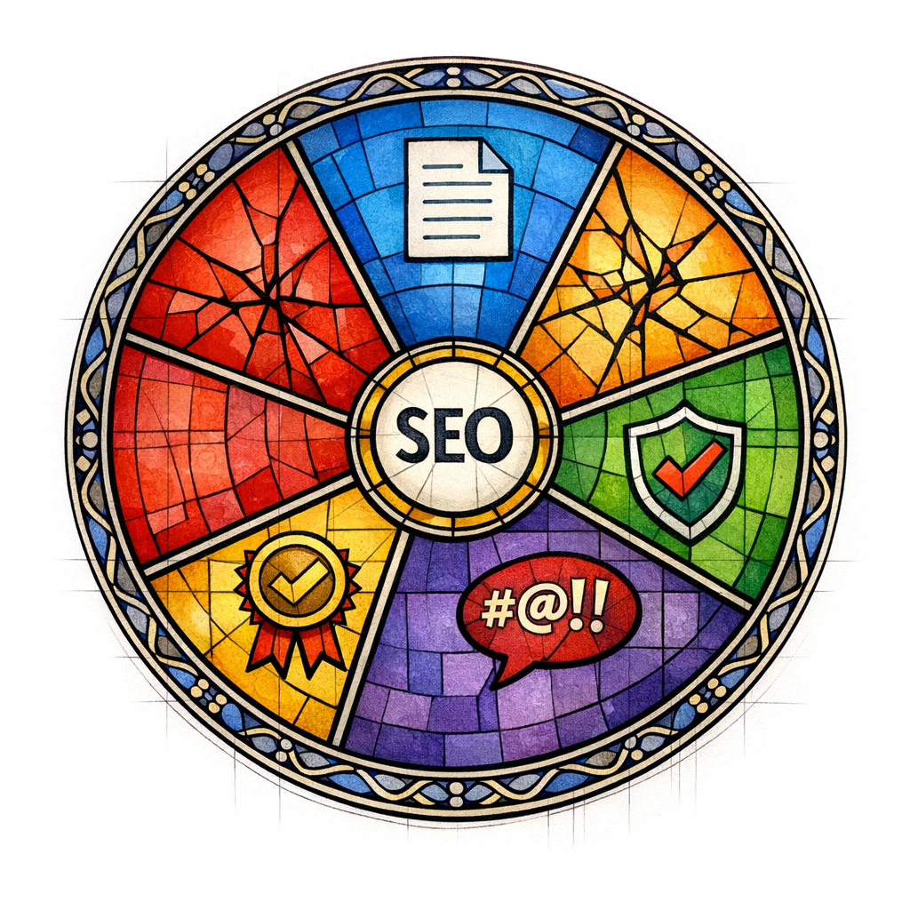 A stained-glass wheel depicts common SEO sins like thin pages and fake locations as broken panes.