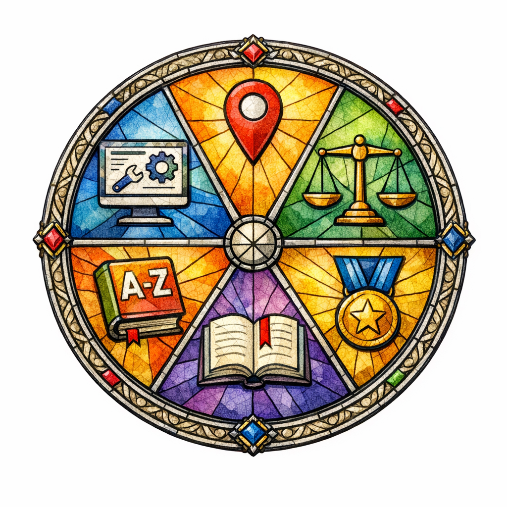 A stained-glass wheel displays six content asset types as icons around a bright center hub.