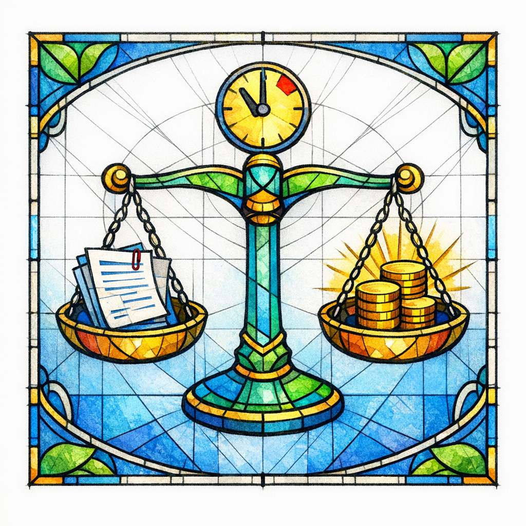 Scales in stained glass balance evidence, damages, and timing as the core strength signals of a case.