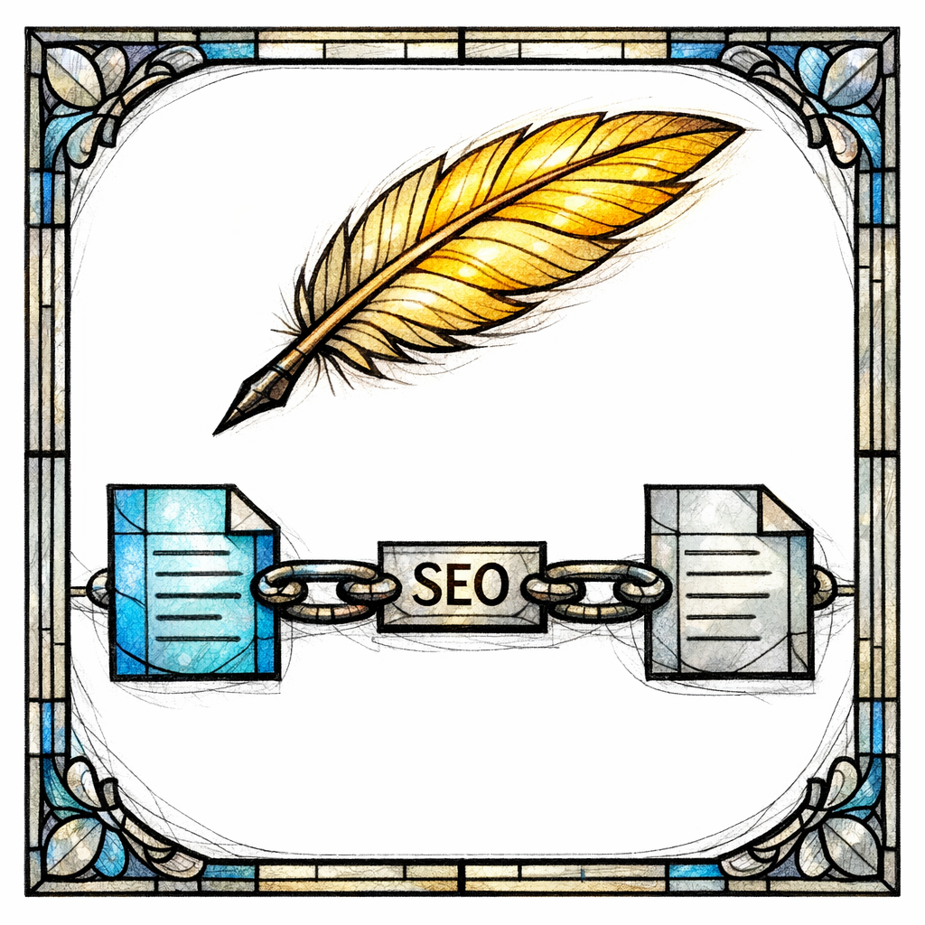 A stained-glass quill writes a short clean link label onto a chain of connected pages.