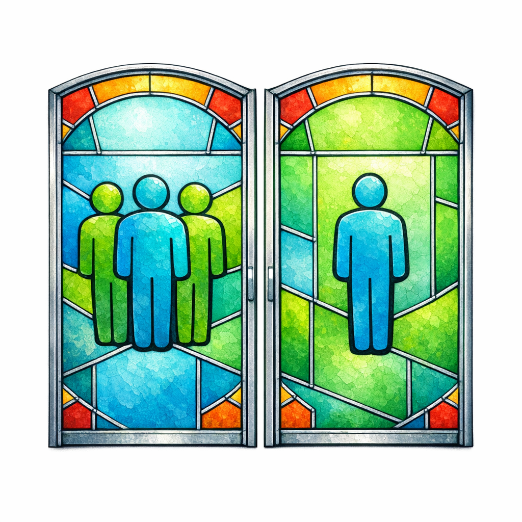 Two stained-glass doors illustrate comparison pages that guide visitors to the best path and prevent bad matches.