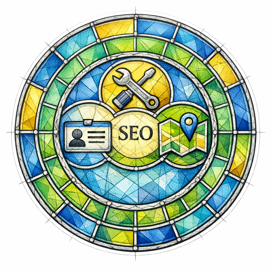 A stained-glass seal shows consistent name, services, and locations aligning like a holy stamp of trust.