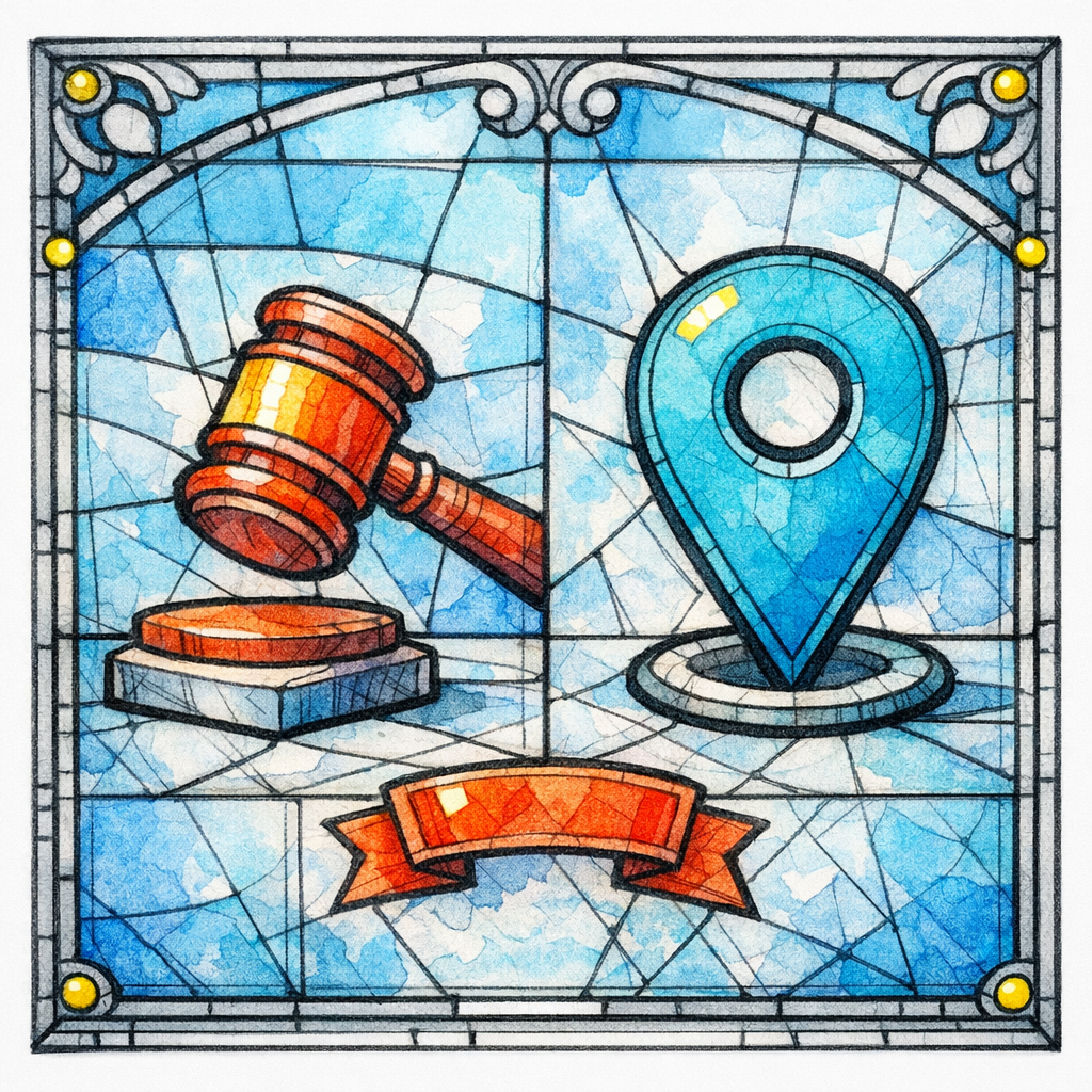 A stained-glass gavel icon pairs with a location pin and a small caution banner for nuance.