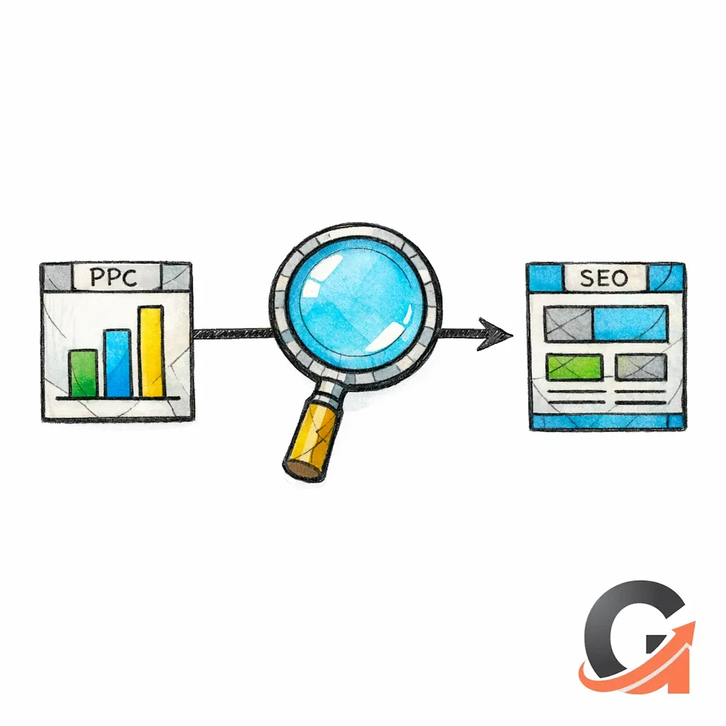 A stained-glass magnifying glass reads ad results and turns them into a blueprint for SEO pages.