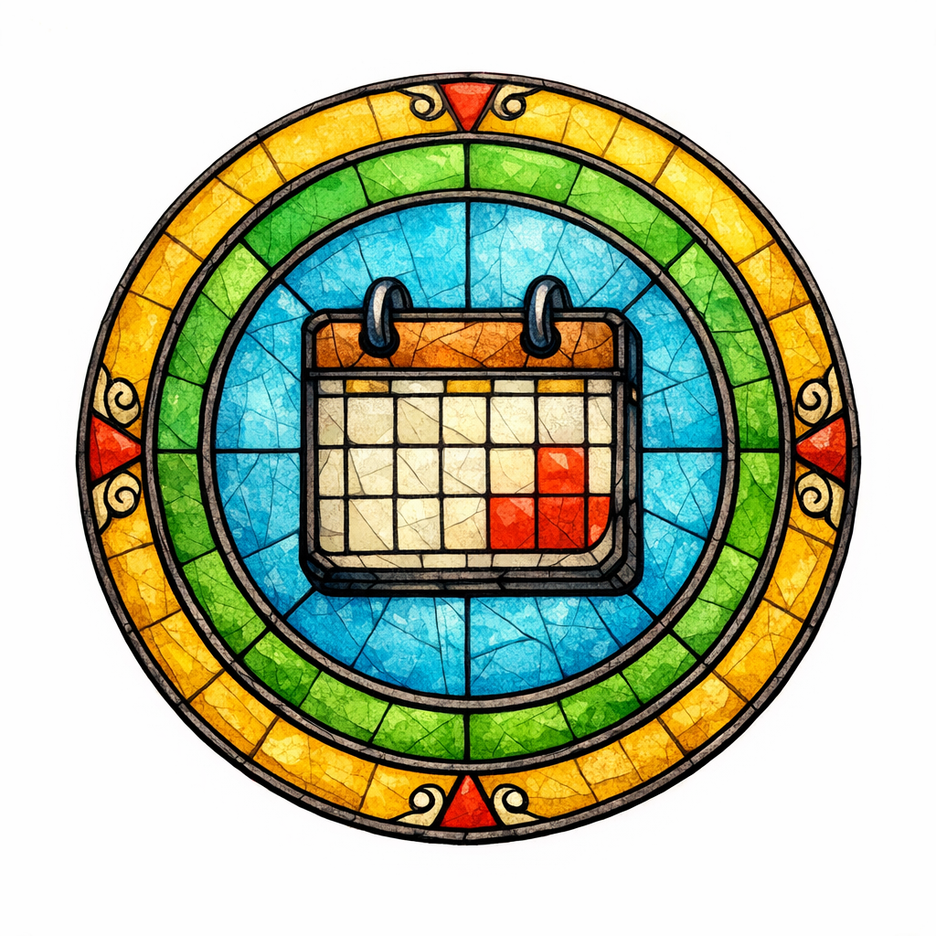 A stained-glass calendar shows monthly, quarterly, and biannual refresh cycles using colored rings.