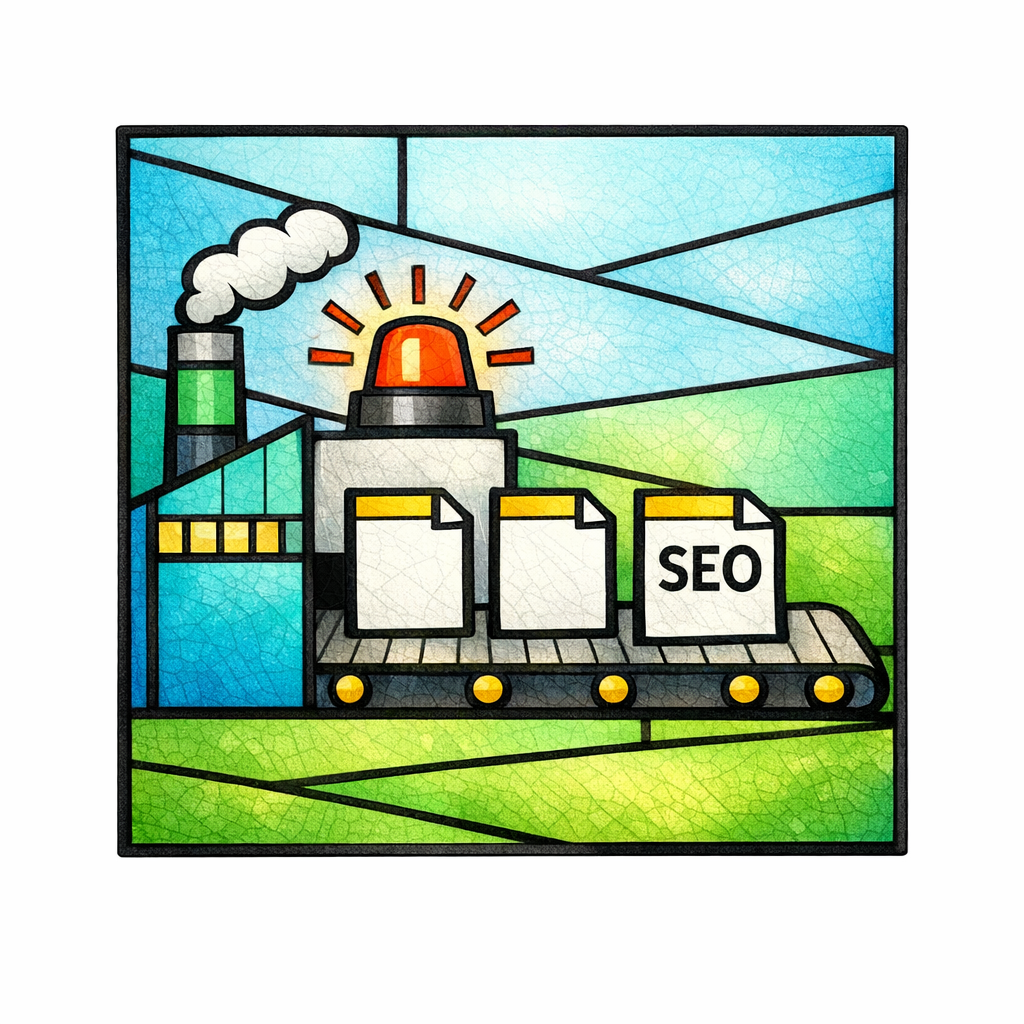 A stained-glass factory spits out identical pages while a warning beacon signals scaled content risk.