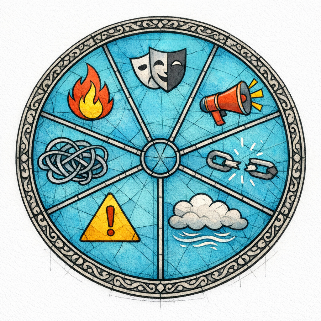 A stained-glass wheel shows seven small icons of common trust-killing mistakes in health content.