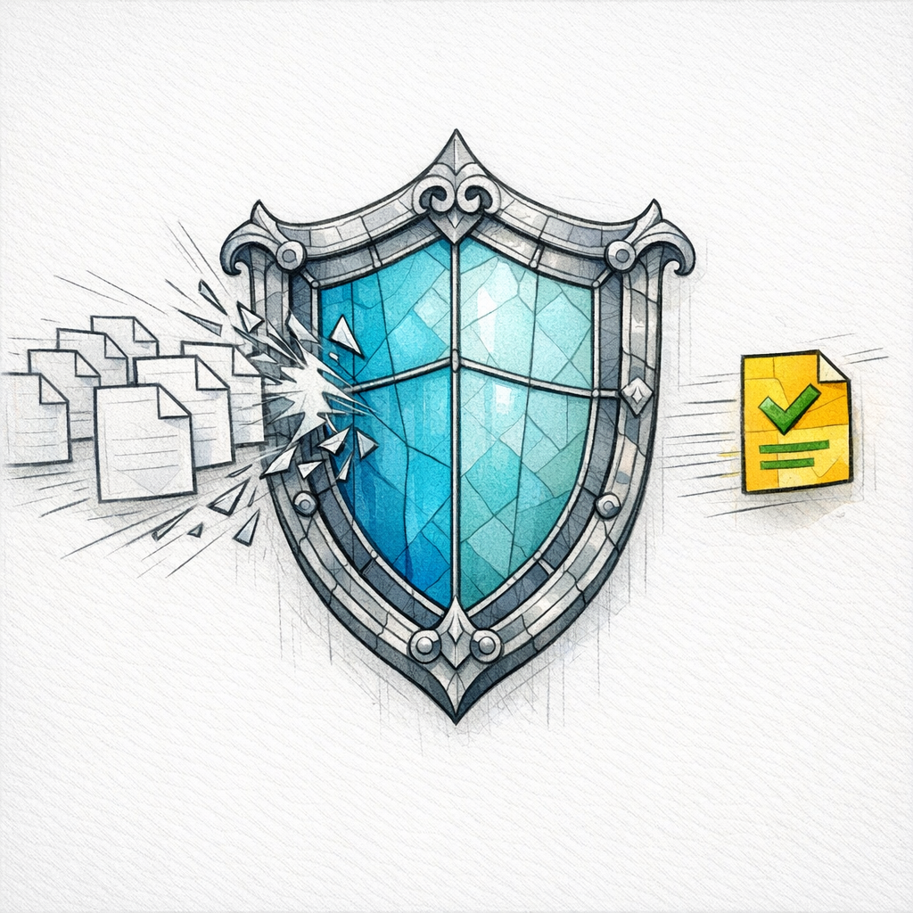 A stained-glass shield deflects duplicated page icons, emphasizing unique local content over copy-paste pages.