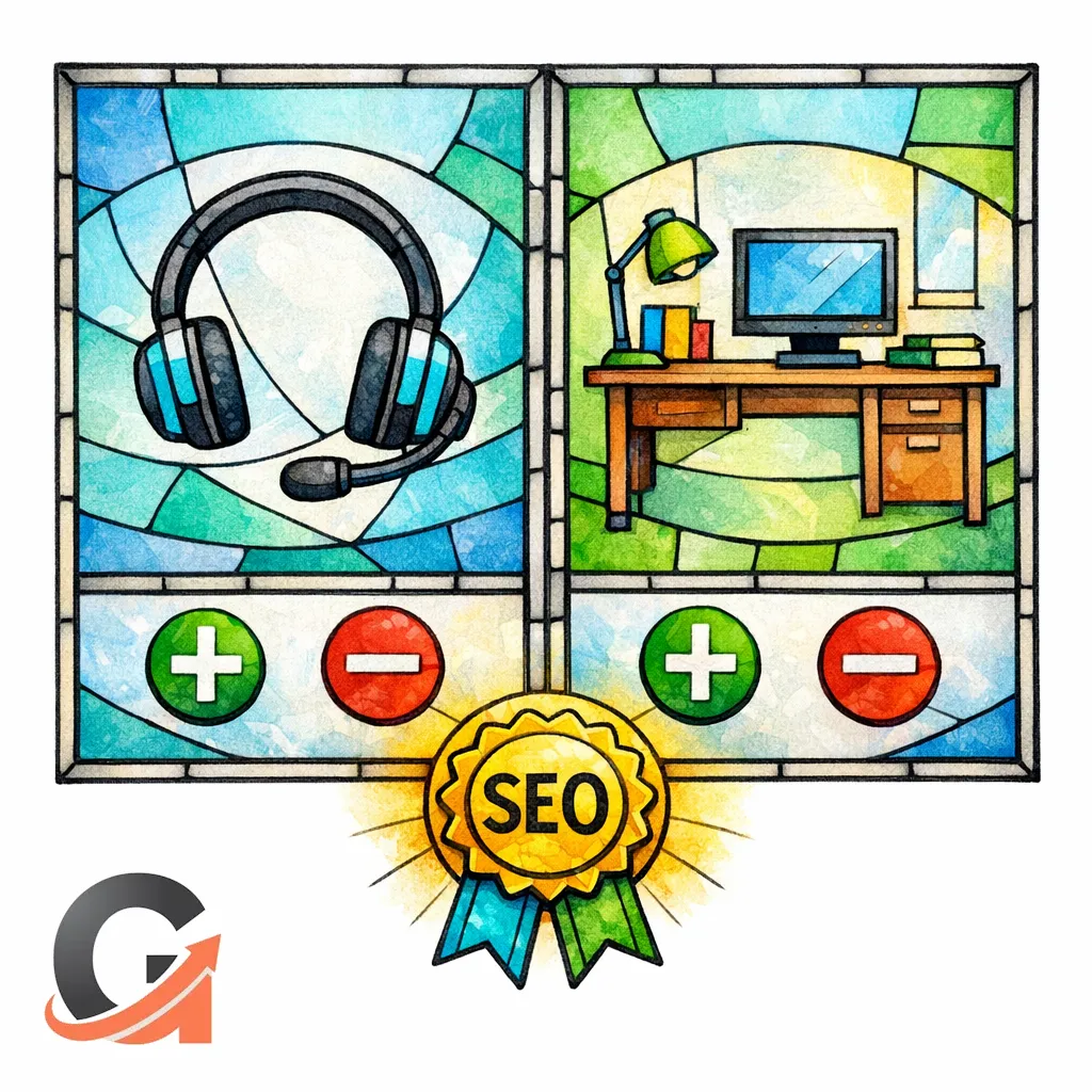 A stained-glass split table compares two service options with pros and cons icons and a best-for badge.