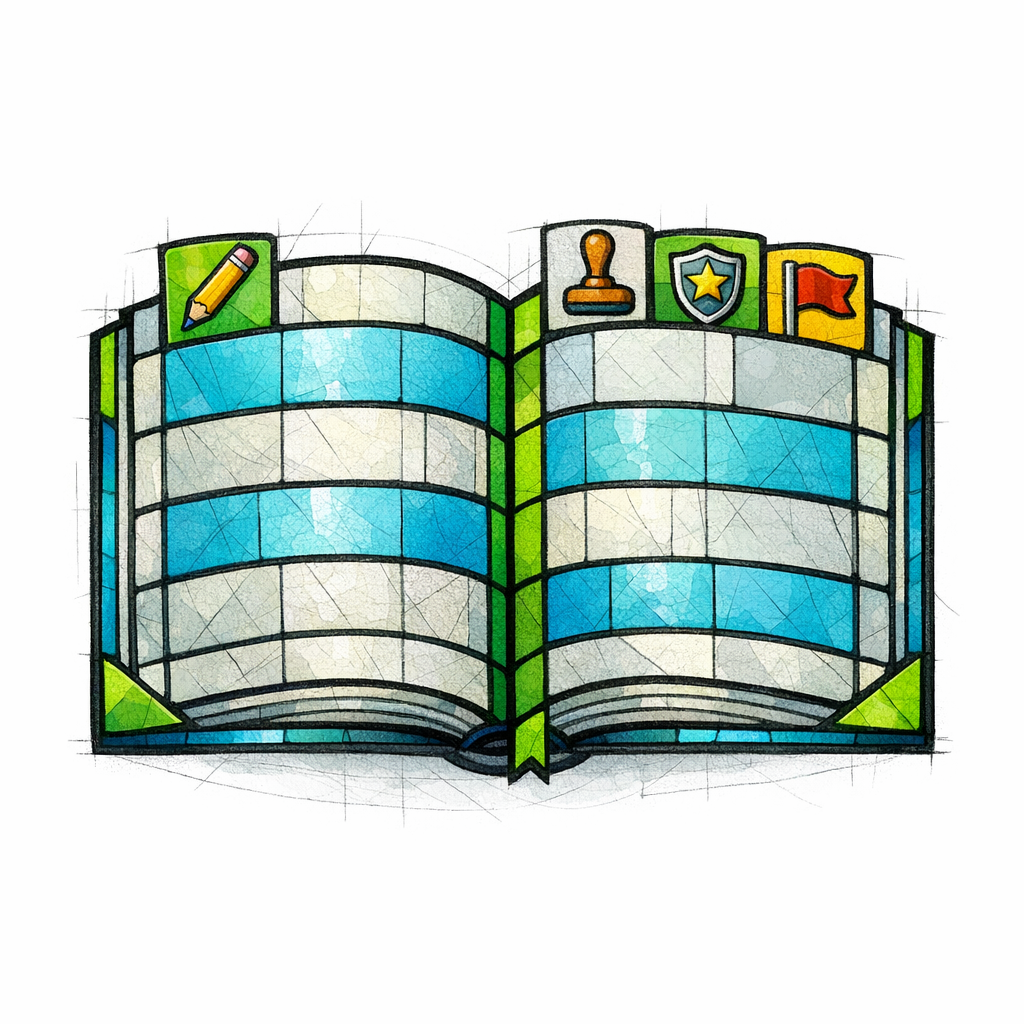 A stained-glass ledger book with tabs represents documenting updates, approvals, and reviewer identity.