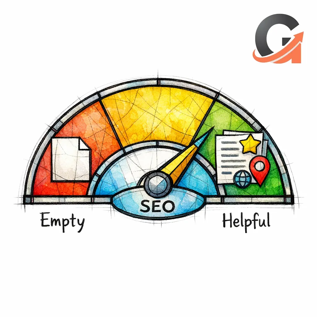 A stained-glass meter shows the difference between thin pages and genuinely helpful local pages.