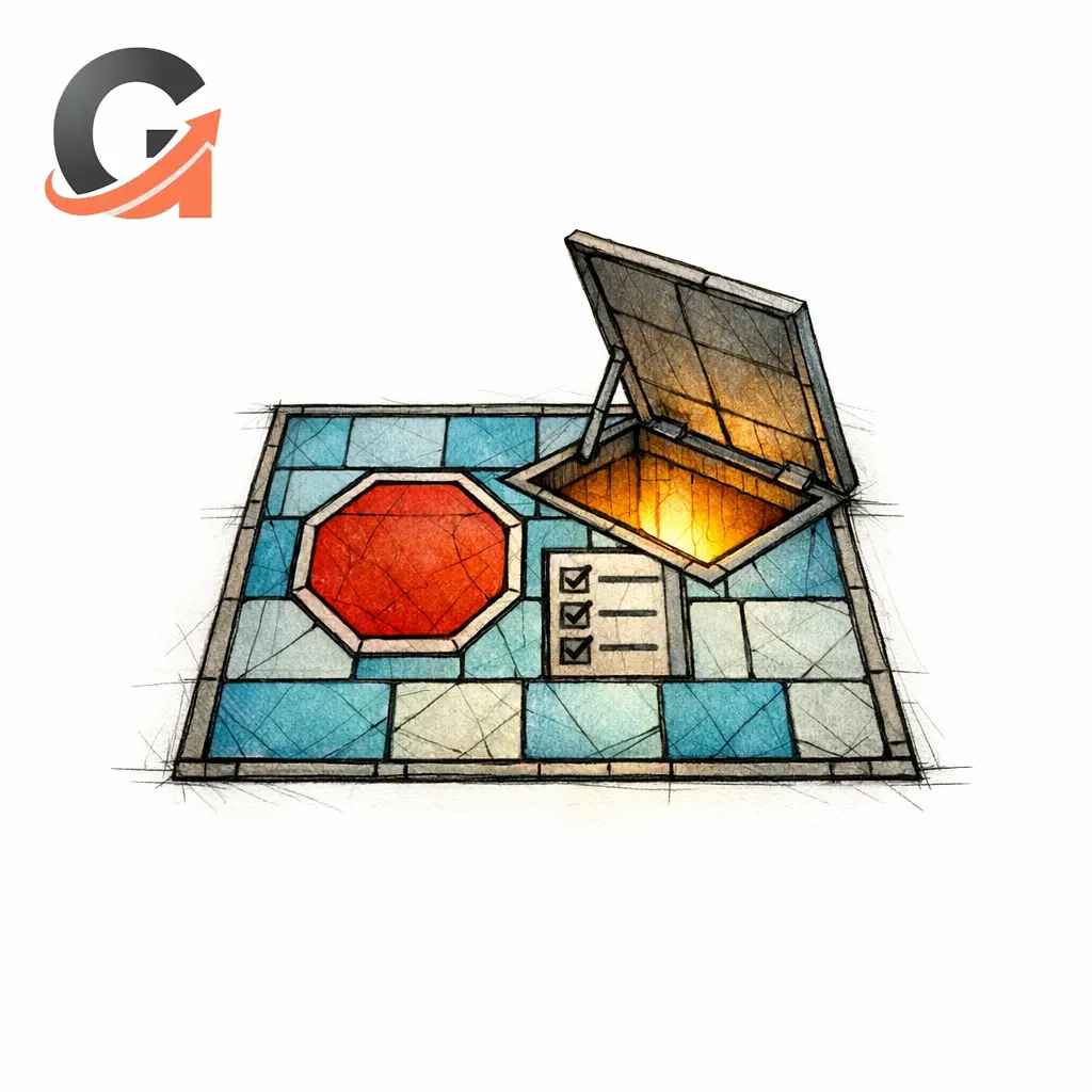 A stained-glass trapdoor with a stop symbol represents a QA gate that prevents risky pages from shipping.