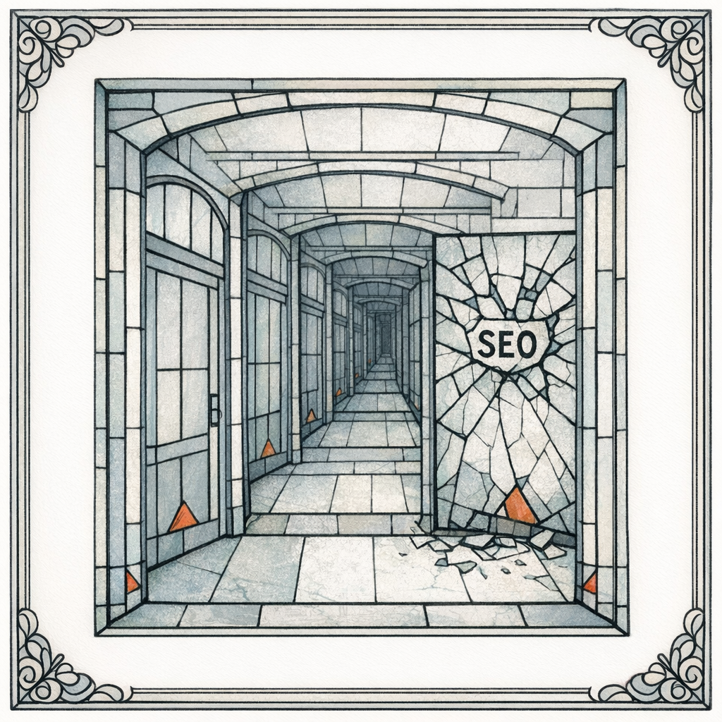 A stained glass hallway of identical doors fades into the distance, cautioning against duplicate city pages.