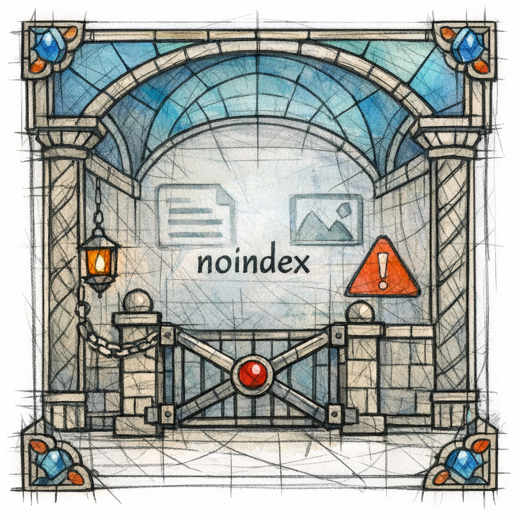 A stained-glass chamber holds incomplete pages behind a translucent barrier labeled noindex.