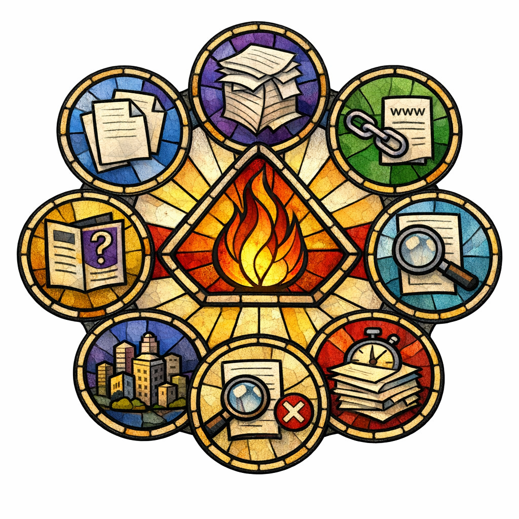A stained-glass tableau shows seven small icons representing common local SEO mistakes around a central warning.