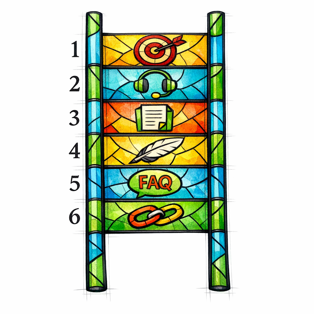 A stained-glass ladder shows six steps from questions to hub page linking.