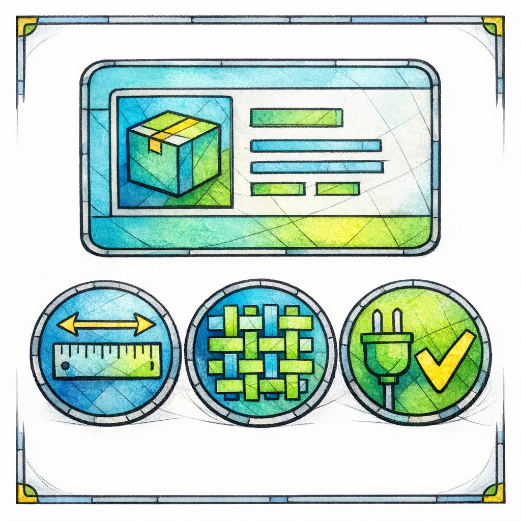 A stained-glass product card shows size, material, and compatibility icons arranged as clear attributes.