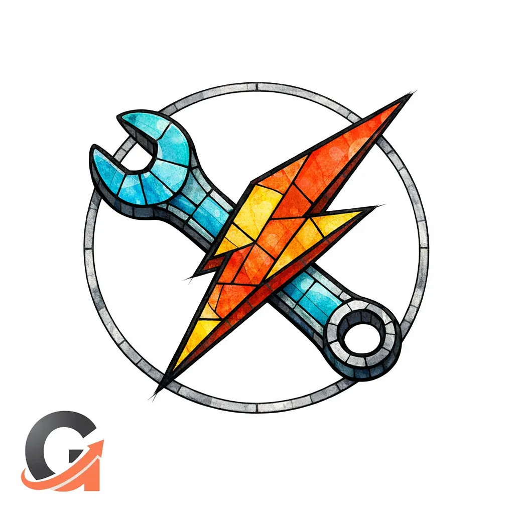 A stained-glass wrench and lightning bolt convey emergency intent with a safety boundary line.