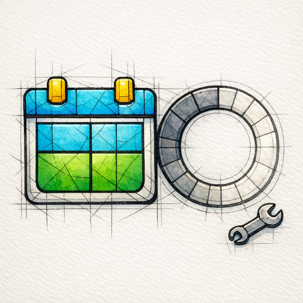 A stained-glass calendar and fading gradient meter show how trust decays without scheduled updates.