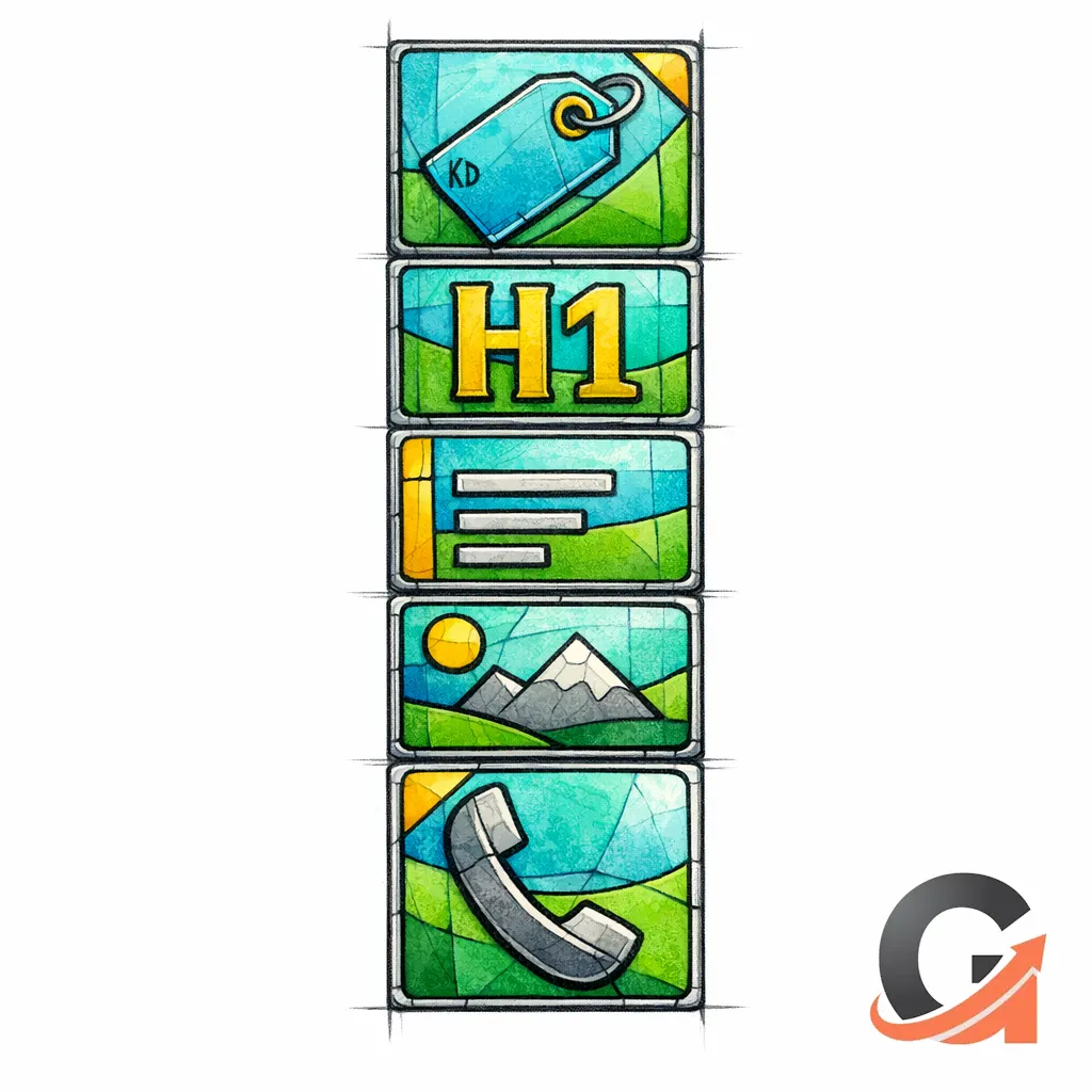 A stained-glass stack of tiles depicts title tag, H1, headers, media, and CTA as compounding basics.