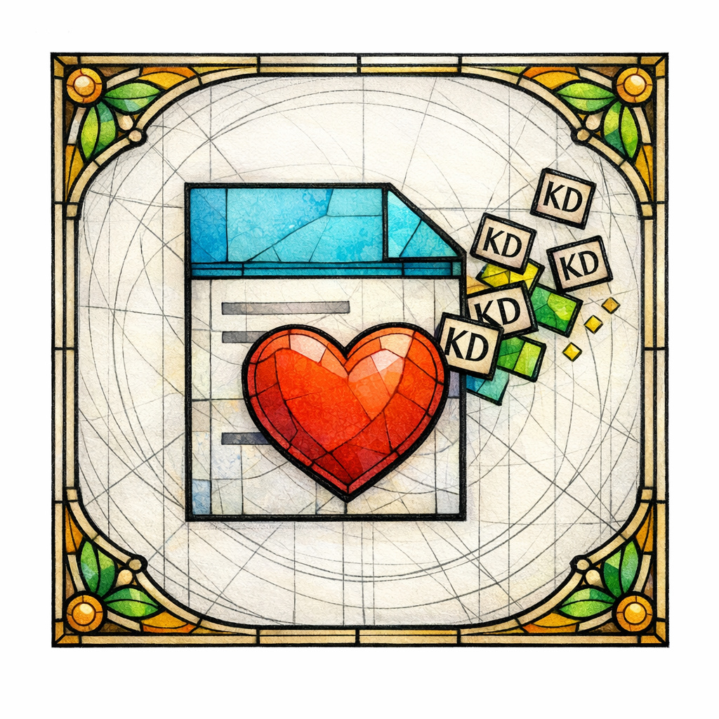 A stained glass heart overlays a document while scattered keyword tiles fall away, emphasizing helpful writing.