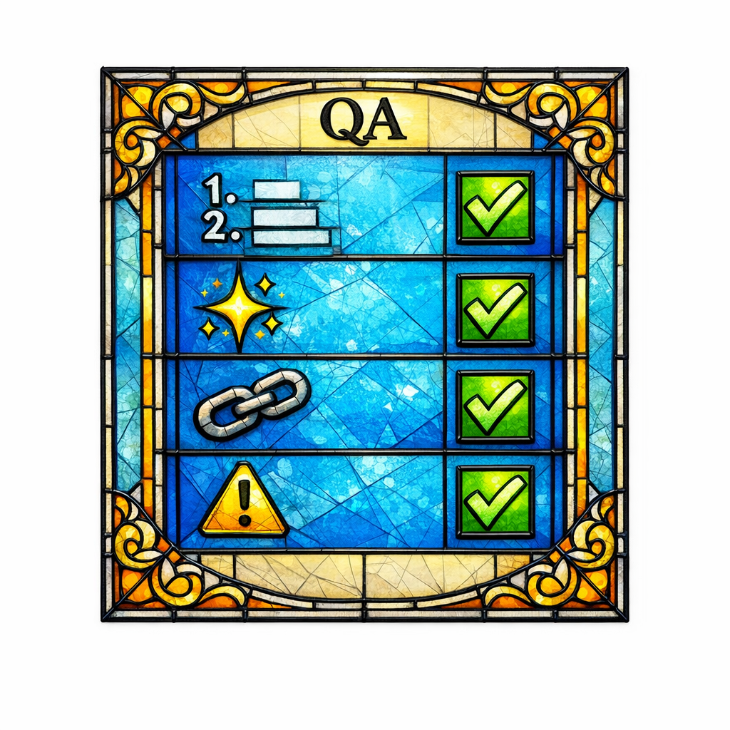 A stained-glass checklist shows steps, examples, links, and limitations as required thresholds.