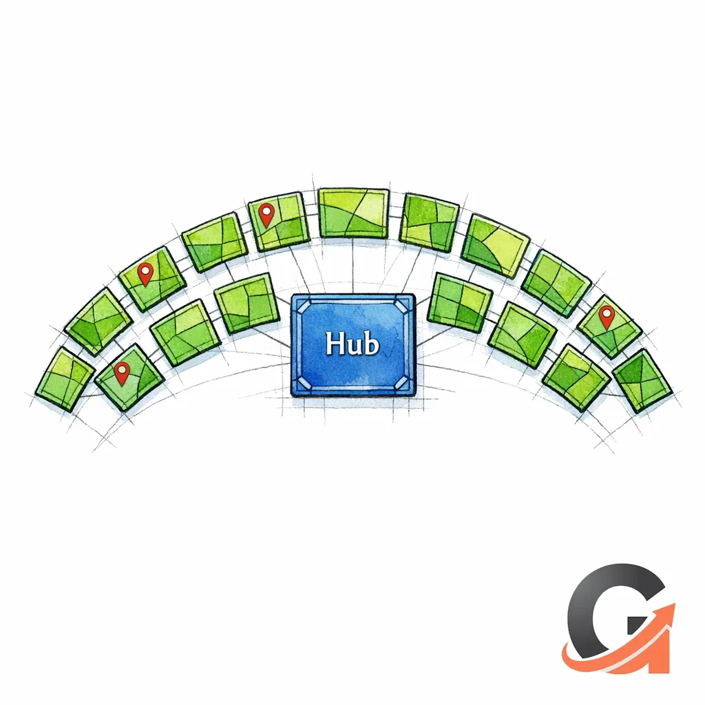 A stained-glass directory board lists many city tiles branching from one hub without clutter.