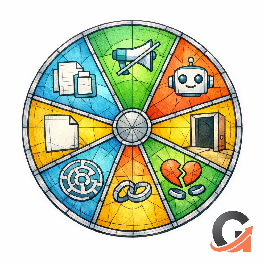 A stained-glass wheel of seven icons warns against common competitor page mistakes without naming any brands.