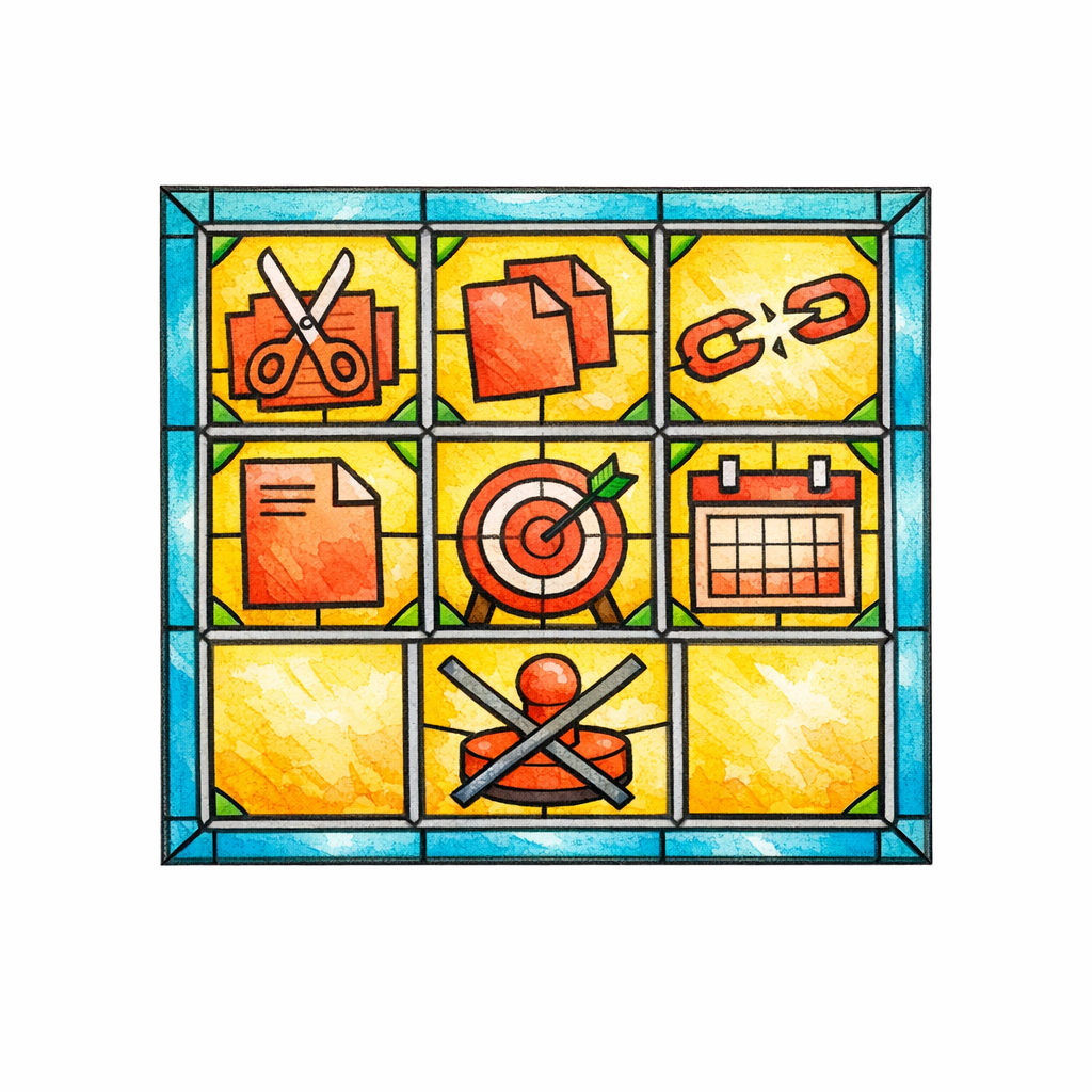 A stained-glass window shows warning icons for common workflow mistakes like skipping edits and publishing errors.