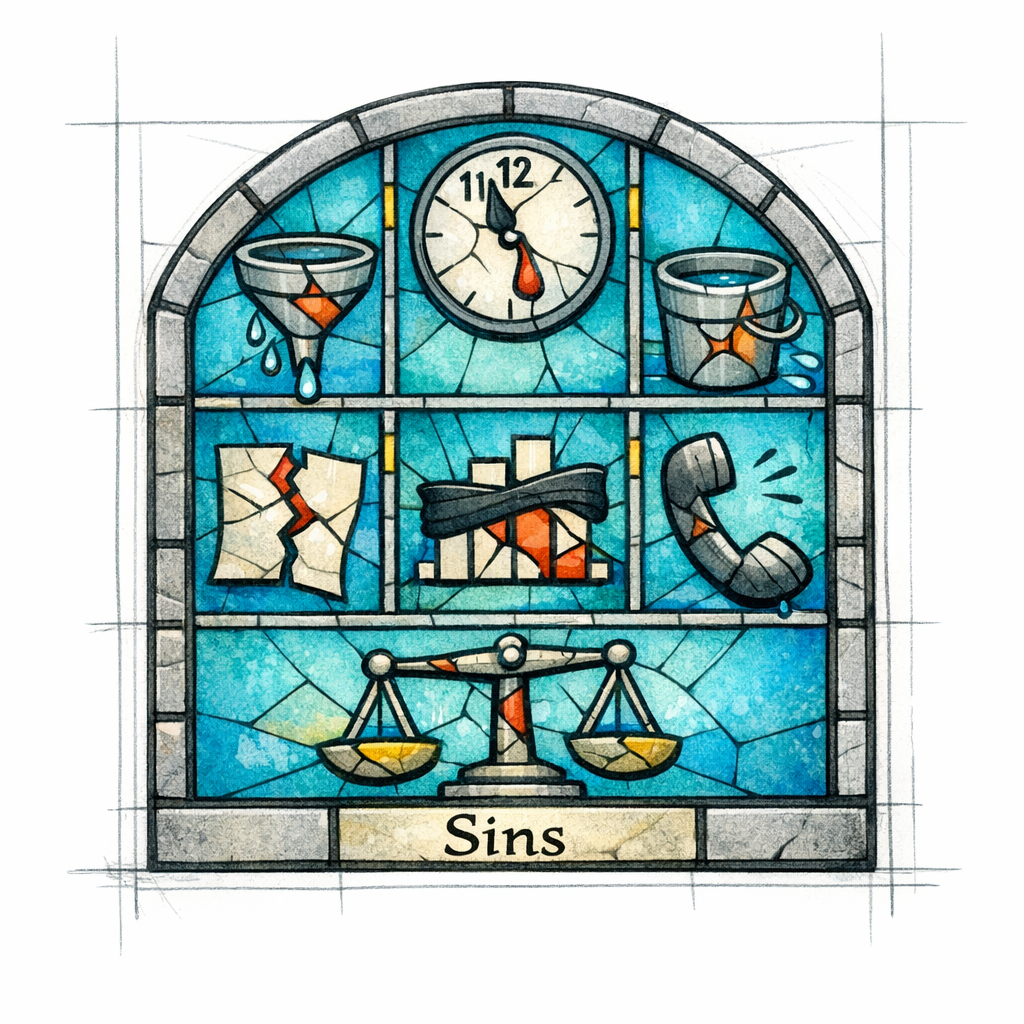 A stained-glass tablet shows seven cracked icons, illustrating common mistakes in SEO and paid lead buying.