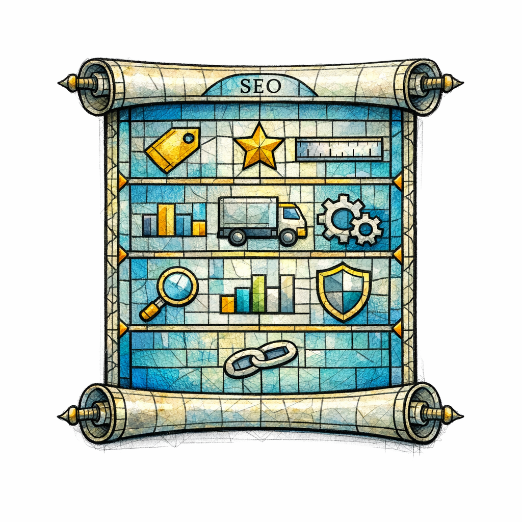 A stained-glass scroll showing product attributes as neat icons for machine readability.
