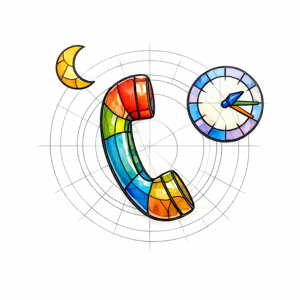 A glowing stained-glass phone with moon and clock panes depicts urgent after-hours call handling.