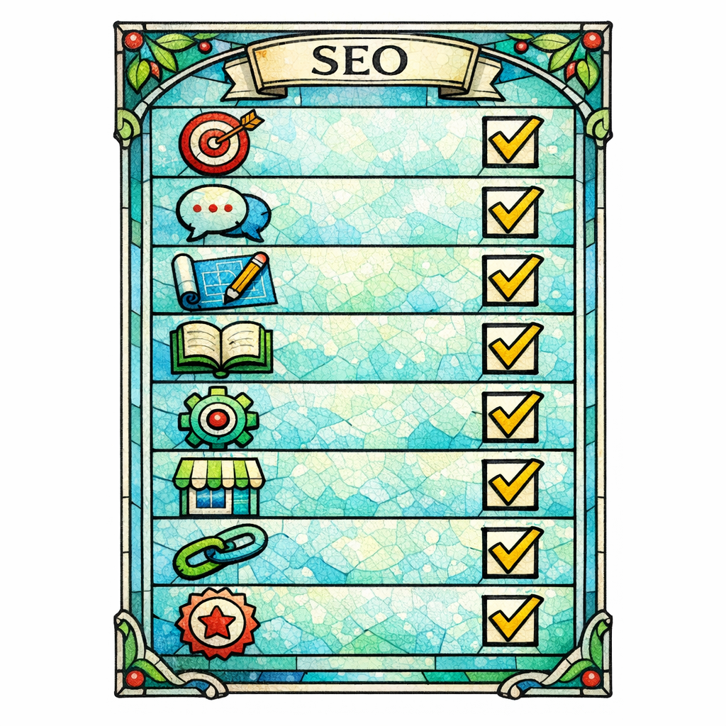 A stained-glass checklist showing the sequence from choosing a category to publishing links.
