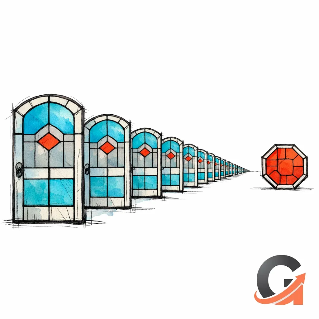 A stained-glass row of identical doors fades into a stop sign, illustrating risky doorway-like location spinoffs.