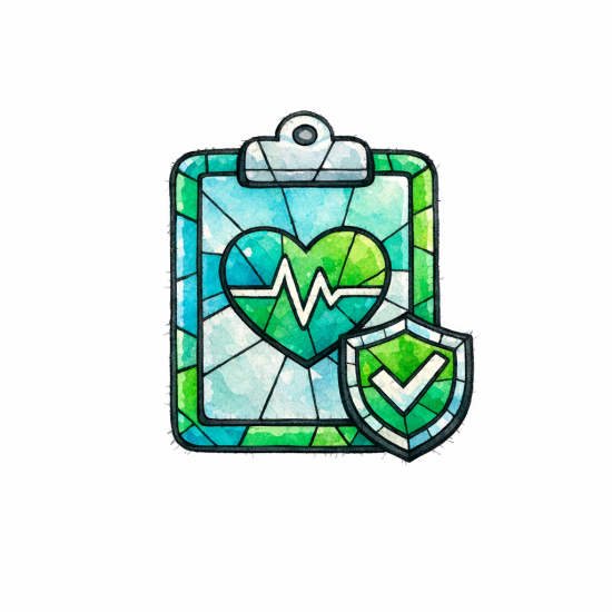 A stained-glass medical clipboard with a reviewer badge represents cautious, credentialed content.