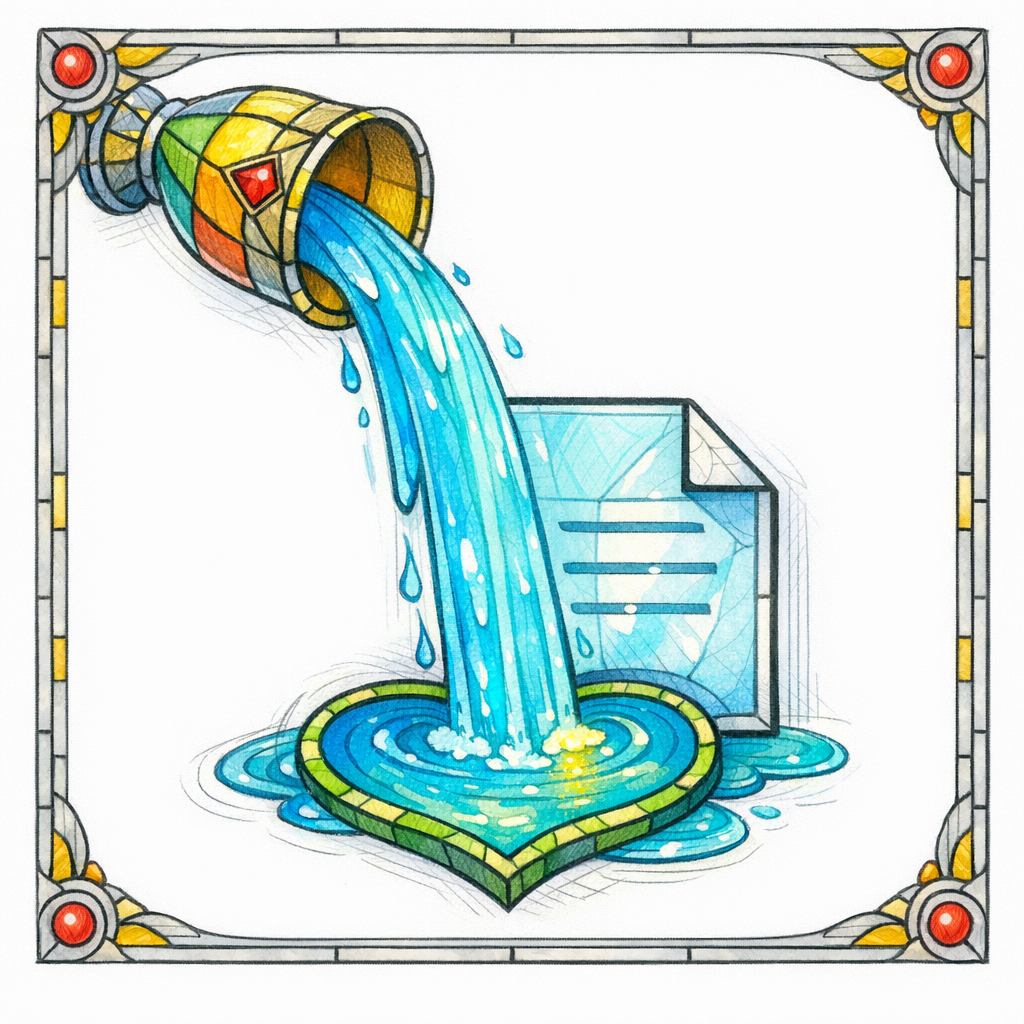 A stained-glass chalice pours clean water onto a page, symbolizing people-first content over thin boilerplate.