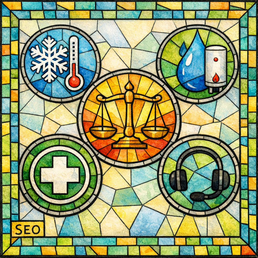A stained-glass mosaic shows five example industries as icons to demonstrate pages that feel local.