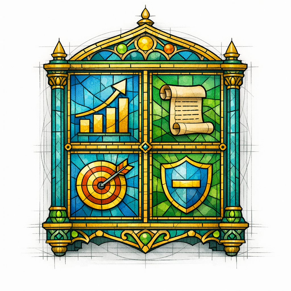 A stained-glass cabinet holds metrics icons for impressions, engagement, conversions, and risk reduction.