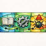 A stained-glass open book and gear show definitions plus implementation steps in a neat sequence.