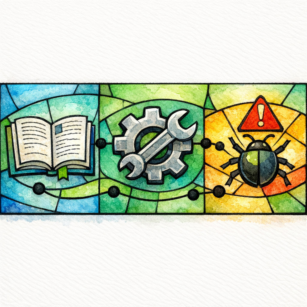 A stained-glass open book and gear show definitions plus implementation steps in a neat sequence.