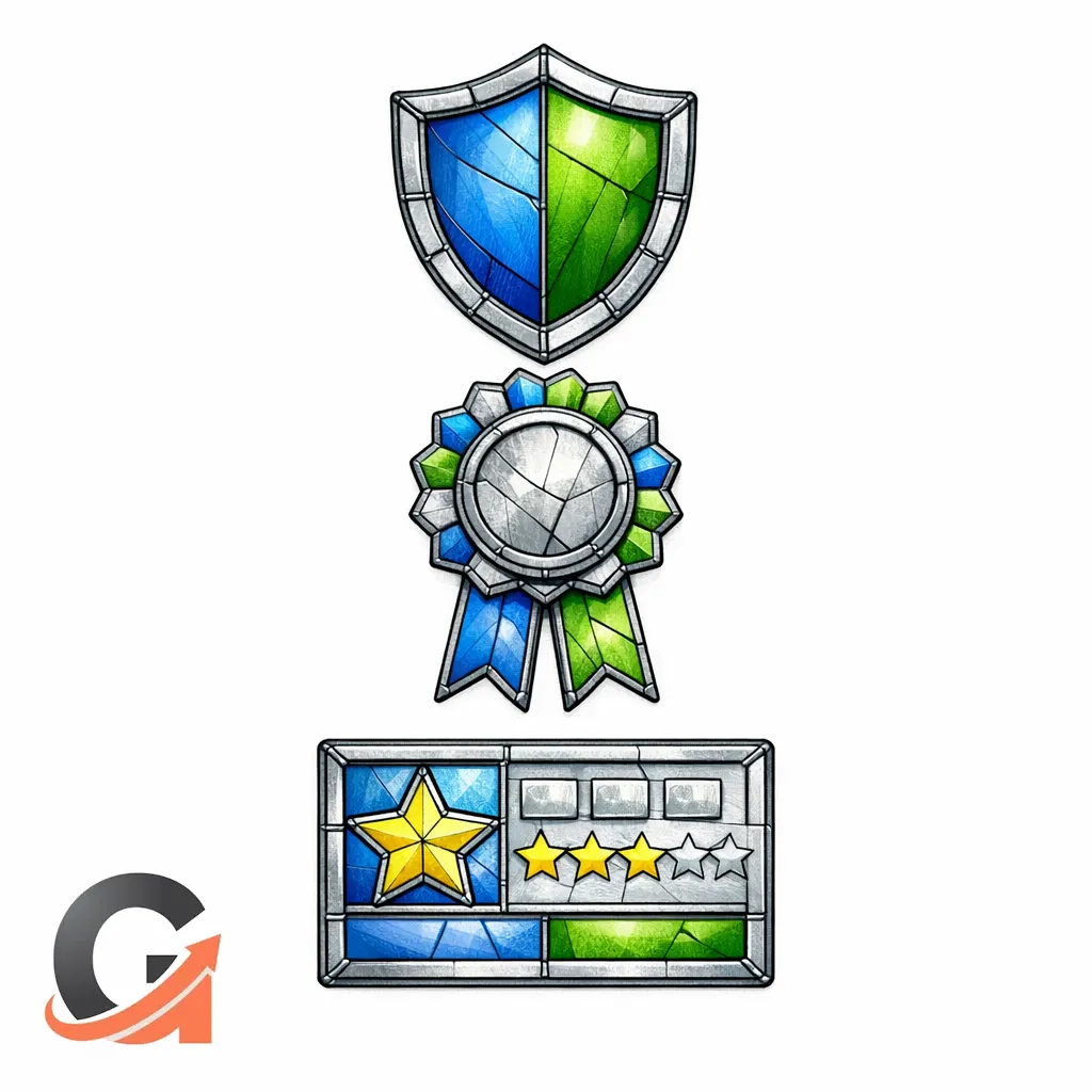A stained-glass stack of shield, badge, and review icons illustrates licenses, warranties, and credibility.