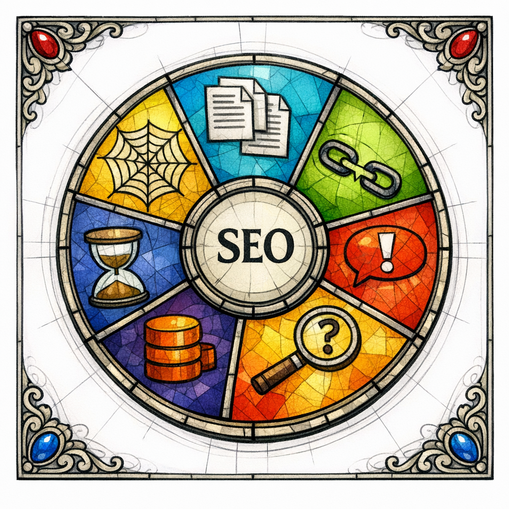 A stained-glass wheel shows seven small icons for common pSEO mistakes arranged like a moral diagram.