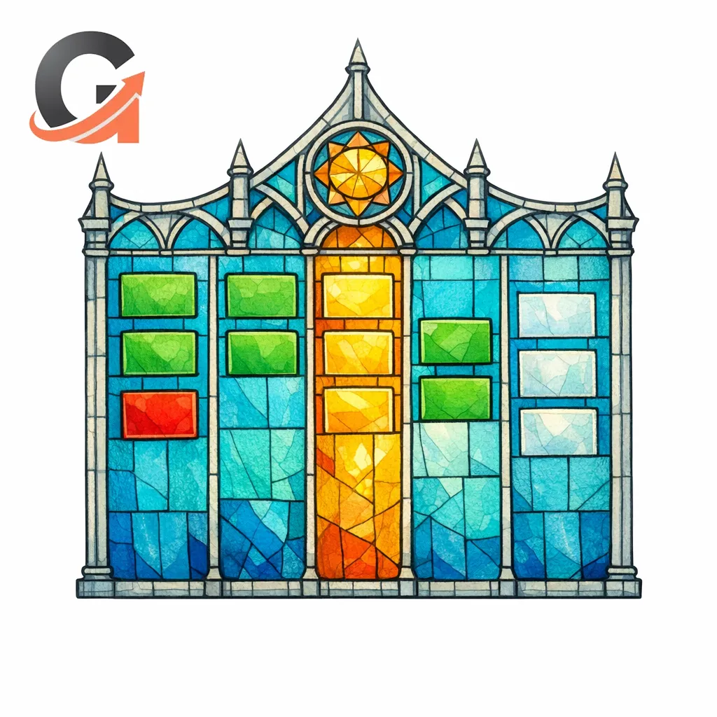 A stained-glass kanban board arranges workflow statuses like pillars, illustrating a scalable content ops structure.