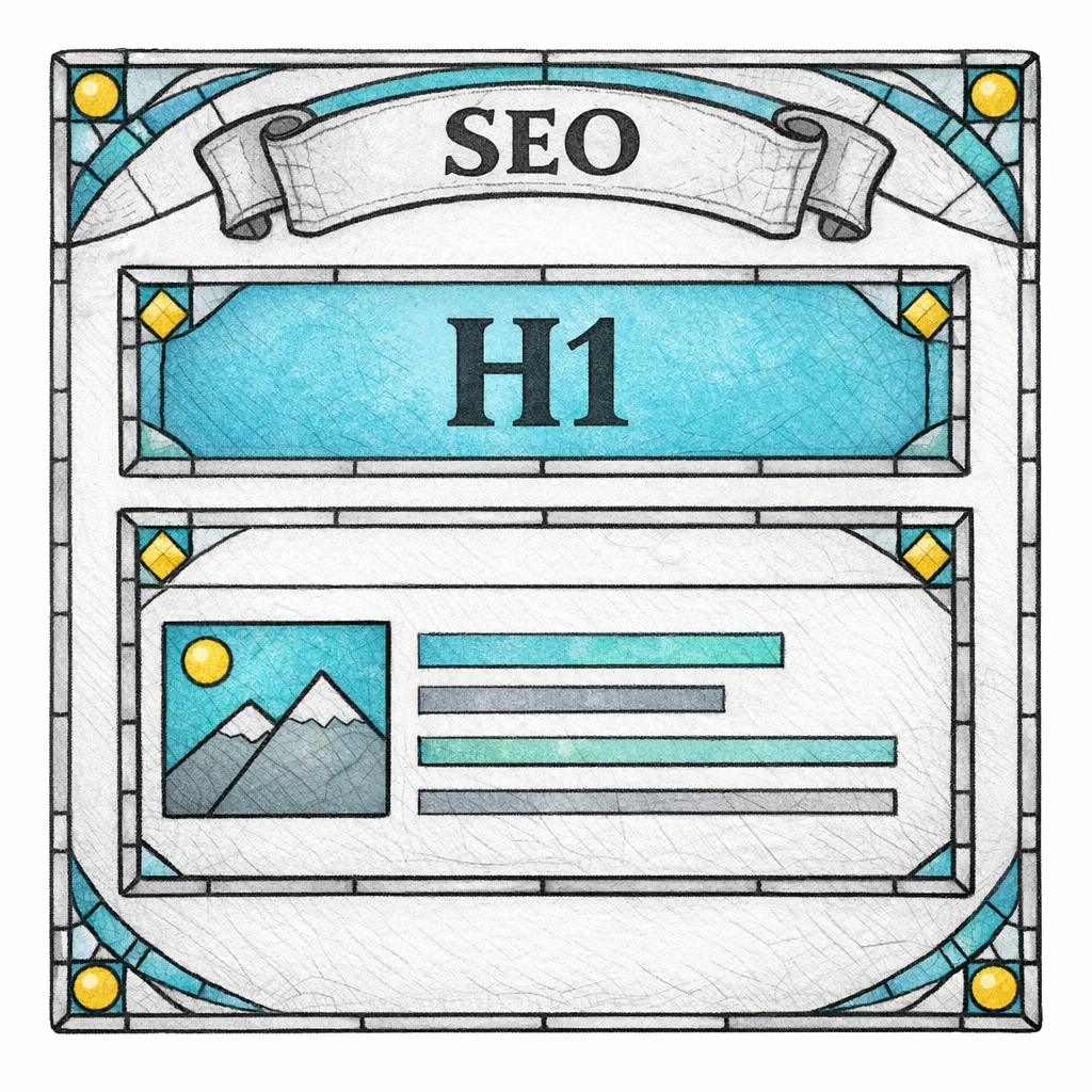 Stained glass shows a title tag ribbon, H1 header block, and search snippet card aligned in one column.