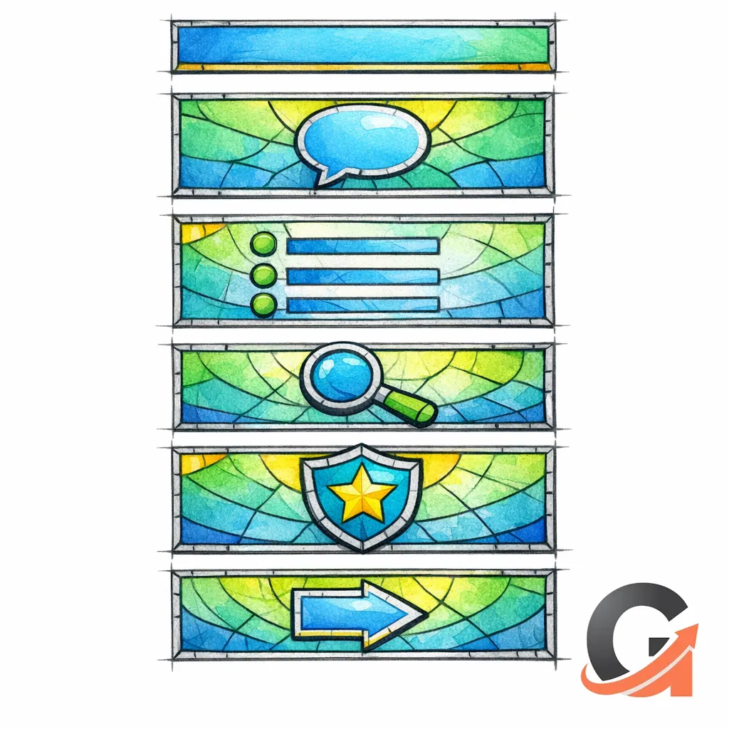 A stained-glass vertical outline stacks H1, answer block, bullets, deep dive, trust, and CTA icons.